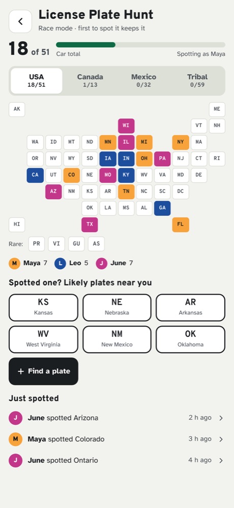 License Plate Hunt: a tile map of the US with 18 of 51 plates spotted, colored by who found each one, and likely plates nearby.