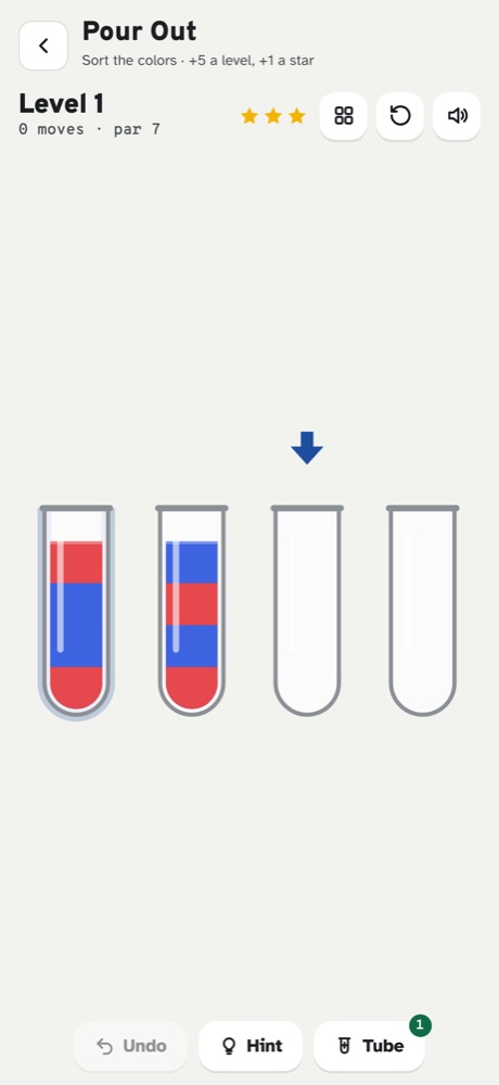 Pour Out: four test tubes of colored layers to sort, with Undo, Hint and Tube buttons.