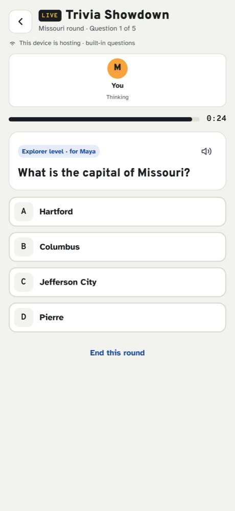 A live Trivia Showdown round in Missouri: Maya's Explorer-level question asks for the capital of Missouri, with four answers and a countdown.
